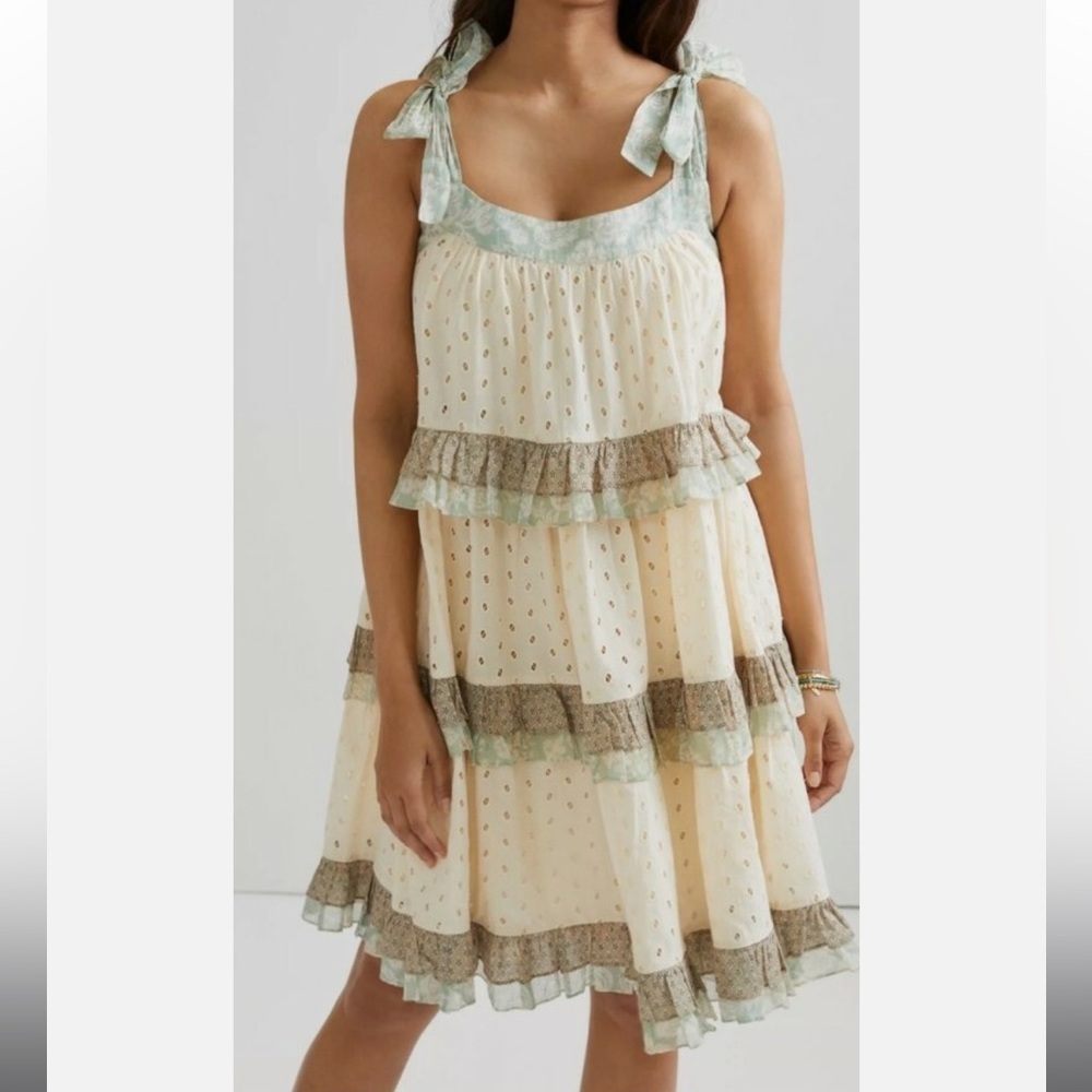Anthropologie Cream Tiered Mini Dress with Sage Trim